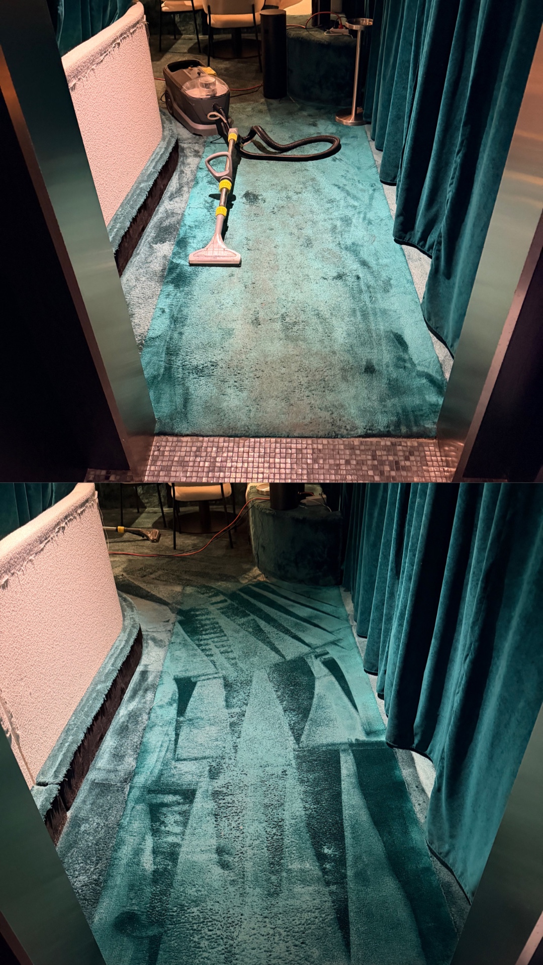 Avant après nettoyage de moquette d'un couloir d'hôtel-restaurant