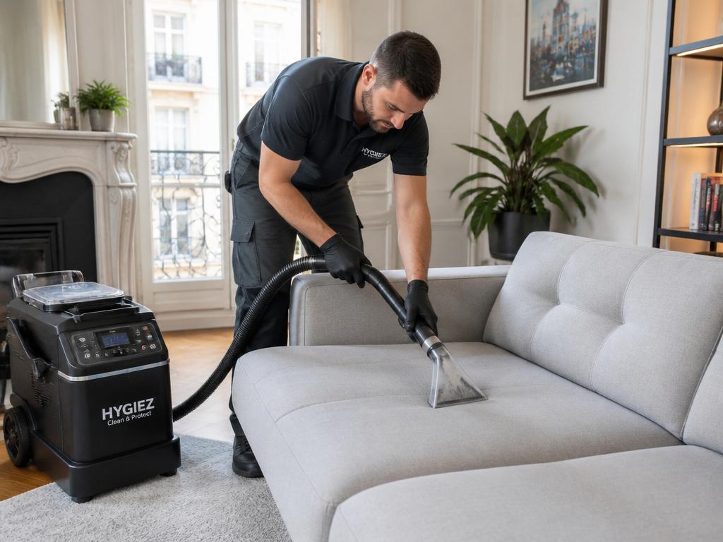 Technicien 2F Nettoyage nettoyant un canapé en tissu avec un injecteur-extracteur professionnel